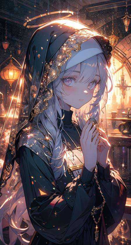 mirrornun, portrait, 1girl, solo, nun, upper body, long sleeves, blush, habit, own hands together, long hair, looking at viewer, closed mouth, halo, bangs, dress, grey eyes, black dress, sparkle, hands up, grey hair, veil <lora:mirrornun-noise:1>