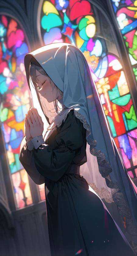 mirrornun, from side, stained glass, 1girl, solo, closed eyes, nun, praying, habit, long sleeves, profile, own hands together, blush, dress, hands up, black dress, closed mouth, smile, indoors, puffy long sleeves, puffy sleeves, church<lora:mirrornun-noise:1>
