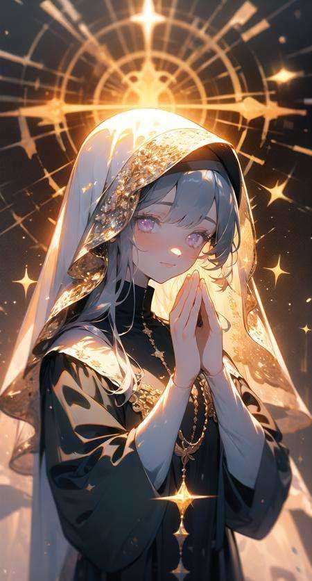 mirrornun, portrait, 1girl, solo, nun, upper body, long sleeves, blush, habit, own hands together, long hair, looking at viewer, closed mouth, halo, bangs, dress, grey eyes, black dress, sparkle, hands up, grey hair, veil <lora:mirrornun-noise:1>