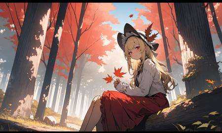 1girl, long hair, solo, autumn leaves, red eyes, white headwear, letterboxed, nature, forest, sitting, outdoors, hat, long sleeves, blonde hair, very long hair, tree, leaf, holding leaf, autumn, holding, bangs, maple leaf, red skirt, frills, skirt, dress, holding flower, day, from side, closed mouth, sun hat, sun<lora:lightV1-000008:1>
