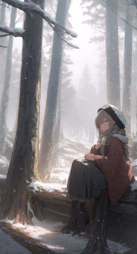 1girl,outdoors,tree,sitting,birch,winter,snow,  <lora:forestlightV1-000008:1>