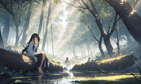 1girl, bare_tree, black_hair, branch, bush, day, earrings, forest, grass, hair_ornament, hairclip, log, long_hair, nature, outdoors, plant, pond, river, rock, scenery, sitting, soaking_feet, solo, sunlight, tree, water<lora:lightV1-000008:1>