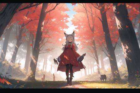 1girl, tree, long hair, nature, letterboxed, forest, outdoors, animal ears, closed eyes, solo, autumn leaves, standing, dress, scenery, autumn, leaf, animal, boots, long sleeves, white hair, sun, pantyhose, fox ears, grass, day, smile, closed mouth <lora:forestlightV1-000008:1>