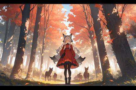 1girl, tree, long hair, nature, letterboxed, forest, outdoors, animal ears, closed eyes, solo, autumn leaves, standing, dress, scenery, autumn, leaf, animal, boots, long sleeves, white hair, sun, pantyhose, fox ears, grass, day, smile, closed mouth<lora:lightV1-000008:1>