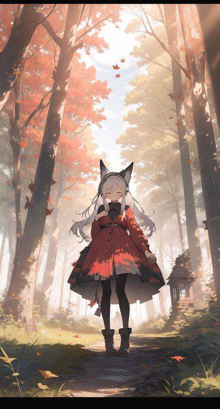 1girl, tree, long hair, nature, letterboxed, forest, outdoors, animal ears, closed eyes, solo, autumn leaves, standing, dress, scenery, autumn, leaf, animal, boots, long sleeves, white hair, sun, pantyhose, fox ears, grass, day, smile, closed mouth <lora:forestlightV1-000008:1>
