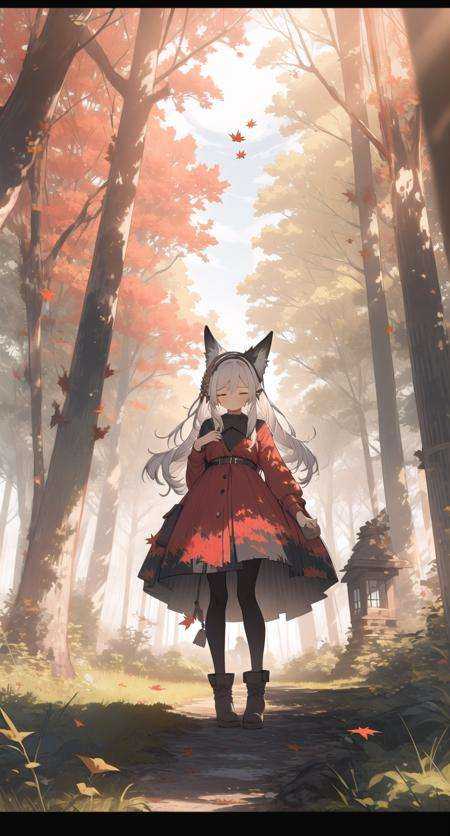 1girl, tree, long hair, nature, letterboxed, forest, outdoors, animal ears, closed eyes, solo, autumn leaves, standing, dress, scenery, autumn, leaf, animal, boots, long sleeves, white hair, sun, pantyhose, fox ears, grass, day, smile, closed mouth <lora:forestlightV1-000008:1>