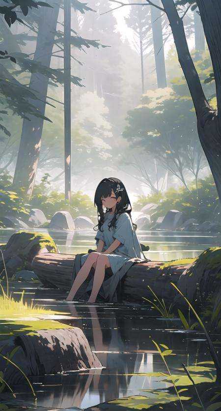 1girl, bare_tree, black_hair, branch, bush, day, earrings, forest, grass, hair_ornament, hairclip, log, long_hair, nature, outdoors, plant, pond, river, rock, scenery, sitting, soaking_feet, solo, sunlight, tree, water <lora:forestlightV1-000008:1>