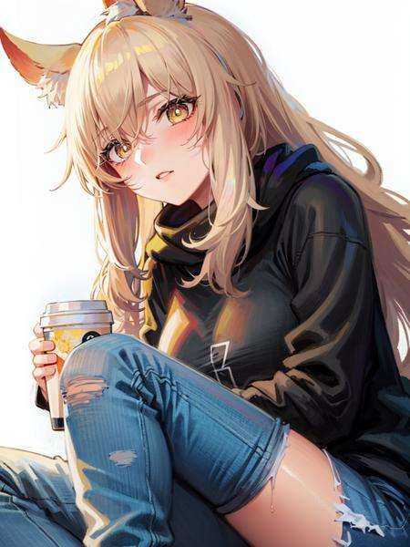 1girl,head,shamare,t-shirt,simple background,torn jeans, holding coffee cup,  <lora:AK-粥游-临光nearl[original-outfit,armor,swimsuit,]:1>
