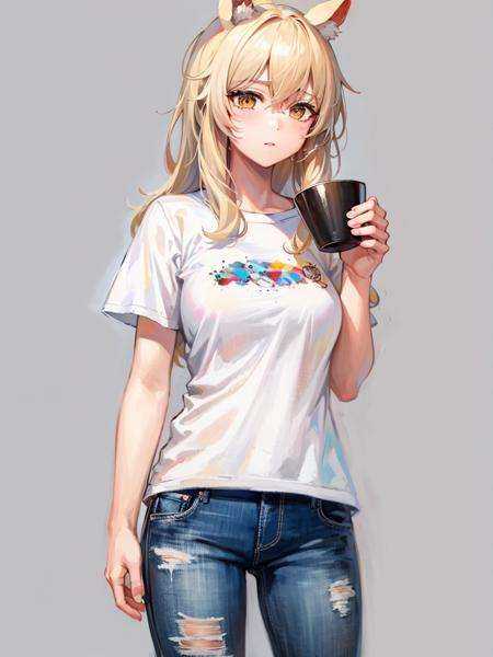 1girl,head,shamare,t-shirt,simple background,torn jeans, holding coffee cup,  <lora:AK-粥游-临光nearl[original-outfit,armor,swimsuit,]:1>