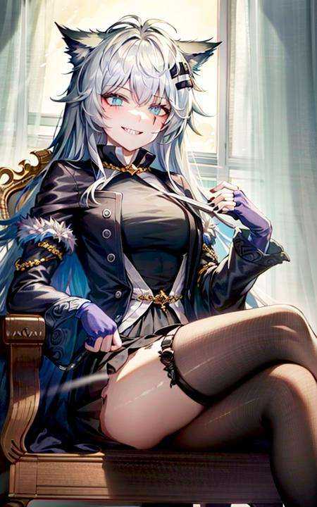 RHorrormare,lappland \(arknights\),1girl,cowboyshot, grin,chair,sitting,cross legs,