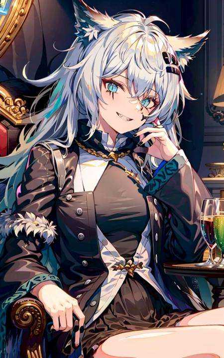 RHorrormare,lappland \(arknights\),1girl,cowboyshot, grin,chair,sitting,cross legs, <lora:画风-ligneart(cogecha焦茶)(权重可以稍大一些):0.65>