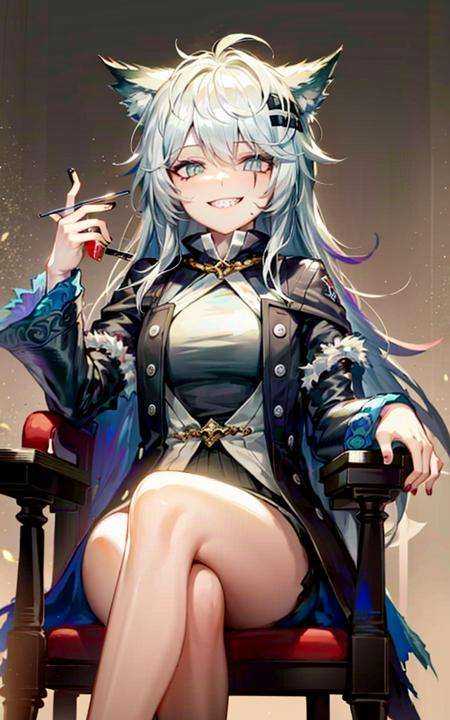 RHorrormare,lappland \(arknights\),1girl,cowboyshot, grin,chair,sitting,cross legs,