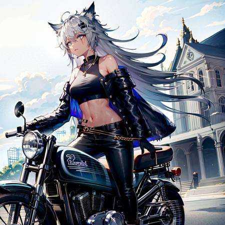 RHorrormare,lappland \(arknights\),1girl,solo,ground_vehicle, motor_vehicle, motorcycle,dark-skinned_female, long_hair,boots, pants, navel, crop_top, on_motorcycle, jacket, logo,gloves, floating_hair,earrings, off_shoulder, open_jacket, midriff, black_footwear, multicolored_hair, bare_shoulders, helmet_removed, open_clothes, cross_earrings, sleeveless, jewelry, bangs, long_sleeves 
