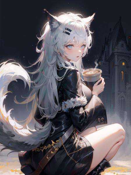 RHorrormare,1girl,shamare,look back,legs apart,squatting,wolf tail,simple city background,holding coffee cup,cowboy shot, 