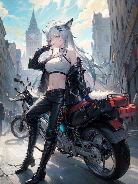 original_outfits,1girl,solo,ground_vehicle, motor_vehicle, motorcycle,pale-skinned_female, long_hair,boots, pants, navel, crop_top, on_motorcycle, jacket, logo,gloves, floating_hair,earrings, off_shoulder, open_jacket, midriff, black_footwear, multicolored_hair, bare_shoulders, helmet_removed, open_clothes, cross_earrings, sleeveless, jewelry, bangs, long_sleeves,