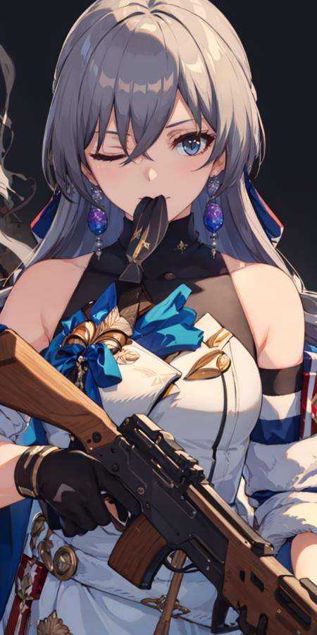 masterpiece,masterpiece, best quality,bronyarand,soloaiming at viewer, holding weapon, scene reference, holding gun, handgun, revolver, smoking guncosplay, one eye closed, black necktie,brown gloves, smoke, armband, upper body, bandana <lora:画风-ligneart(cogecha焦茶)(权重可以稍大一些):0.8>