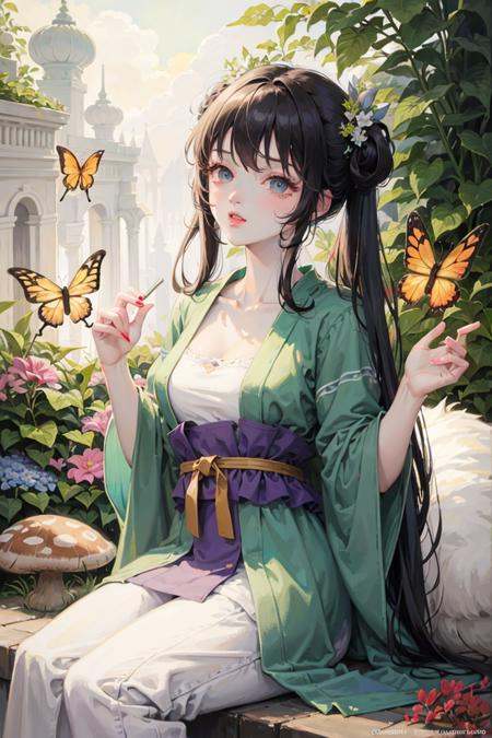 (hanfu:0.9),(ru_qun:1.1),(masterpiece:1.2), (best quality:1.3), (ultra-detailed:1.2), (illustration:1.2), (Cinematic Lighting),In a whimsical and fantastical garden, the 2D anime black hair girl sits on a giant toadstool, surrounded by giant mushrooms and colorful butterflies. She wears a playful and quirky hanfu and qixiong ruqun, She has a curious and adventurous expression on her face, as she explores the strange and wondrous garden. Her hair is styled in pigtails, the color of candyfloss, adorned with a pair of oversized bows. She holds a butterfly in hand. The atmosphere is whimsical and playful, it's clear that she is in her element and enjoying the moment of the fantastical garden.,black hair,  Raytracing,beautiful and clear background,hime cut, <lora:特殊-修手-翻个的咸鱼手手-v3:0.1>  <lora:风格-汉服襦﷿[ru_qun]:1>