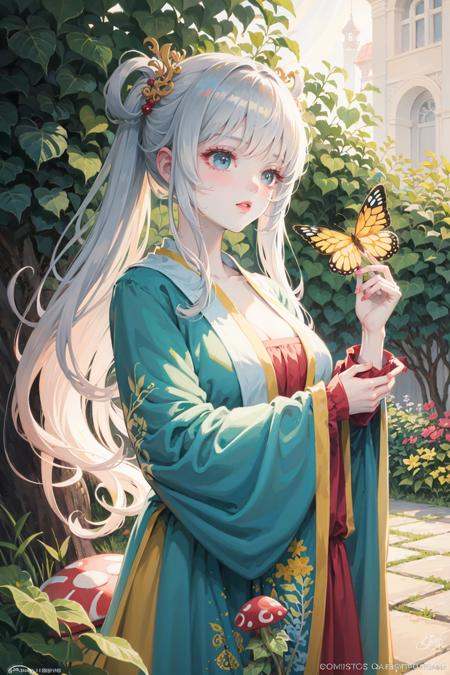 (hanfu:0.9),(ru_qun:1.1),(masterpiece:1.2), (best quality:1.3), (ultra-detailed:1.2), (illustration:1.2), (Cinematic Lighting),In a whimsical and fantastical garden, the 2D anime girl sits on a giant toadstool, surrounded by giant mushrooms and colorful butterflies. She wears a playful and quirky hanfu and qixiong ruqun, paired with embroidered legwear, She has a curious and adventurous expression on her face, as she explores the strange and wondrous garden. Her hair is styled in pigtails, the color of candyfloss, adorned with a pair of oversized bows. She holds a butterfly in hand. The atmosphere is whimsical and playful, it's clear that she is in her element and enjoying the moment of the fantastical garden.,pink hair,  Raytracing,beautiful and clear background,hime cut, <lora:特殊-修手-翻个的咸鱼手手-v3:0.1>  <lora:风格-汉服襦﷿[ru_qun]:1>