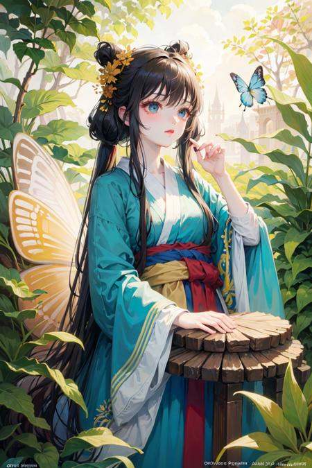 (hanfu:0.9),(ru_qun:1.1),(masterpiece:1.2), (best quality:1.3), (ultra-detailed:1.2), (illustration:1.2), (Cinematic Lighting),In a whimsical and fantastical garden, the 2D anime black hair girl sits on a giant toadstool, surrounded by colorful butterflies. She wears a playful and quirky hanfu and qixiong ruqun, She has a curious and adventurous expression on her face, as she explores the strange and wondrous garden. Her hair is styled in pigtails,  She holds a butterfly in hand. The atmosphere is whimsical and playful, it's clear that she is in her element and enjoying the moment of the fantastical garden.,black hair,  Raytracing,beautiful and clear background,hime cut, <lora:特殊-修手-翻个的咸鱼手手-v3:0.1>  <lora:风格-汉服襦﷿[ru_qun]:1>