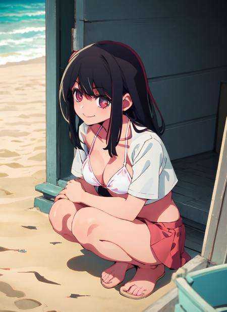 1girl,black hair,smile,,bikini,squatting cowboy shot,beach,  <lora:Oshi no Ko Style:1>