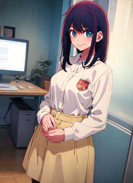 1girl,smile,cowboy shot, office,  <lora:Oshi no Ko Style:1>