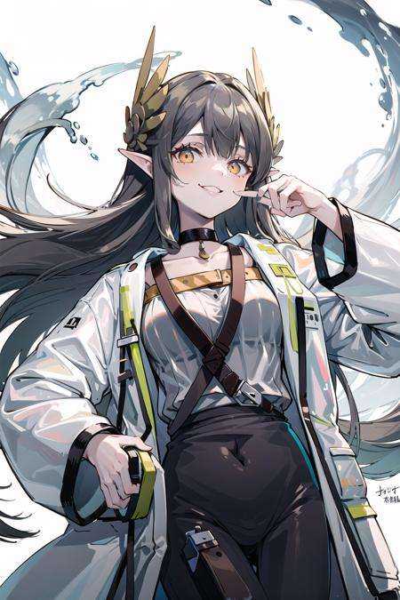 mumu, 1girl, solo, open  white coat,from from below, looking at viewer, smile, open clothes, long sleeves, flower <lora:muelsyse-000008:1>