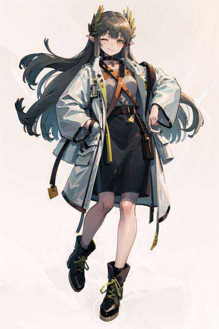 mumu, 1girl, solo, one eye closed, white background, full body, simple background, coat, skirt, long sleeves, boots, black footwear, open clothes, open coat, black skirt, looking at viewer, white coat, smile <lora:muelsyse-000008:1>