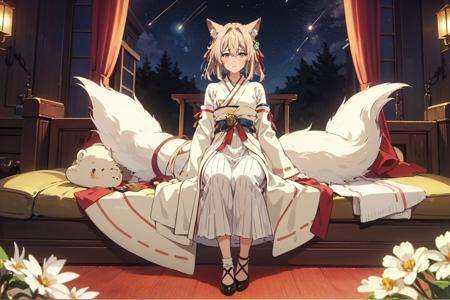 nature,  1girl,cowboy shot ,<lora:Violet Evergarden京紫风格:1> night,moon,(red manjusaka),(red lycoris),(lycoris),1girl,solo,Long white hair, golden eyes,tassel hair ornament,white kimono,nontraditional miko,miko,japanese clothes,hakama,ribbon-trimmed sleeves,red hakama,skirt,wide sleeve,fox_ears, fox_tail, hitodama, kyuubi, multiple_tails,solo, tail,(a crafty and villainous person:1.5),(9 fox tail:1.5),(surrounded by beautiful detailed red lycoris),shiny,torii, Stone lamp,river,(full body),(<(+++(star trail:1.3)//)>,potted plant,hanging potted plants,ceiling lamp,potted smallpox,blighting stars,night,elegant,night sky,extremely delicate and beautiful sky,shiny,nebula,star,galaxy,meteor,meteor shower,close-up,petals floating,many flowers,garden,glowworm,daisy, carnation, lavender, lily, chrysanthemum, rose),