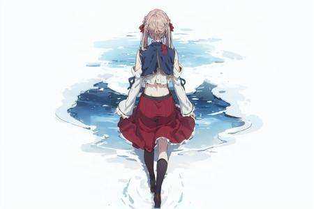 nature,  1girl,cowboy shot ,<lora:Violet Evergarden京紫风格:1> masterpiece, best quality, ((top view)),full body,ripples,,BREAK,star_(sky), starry_sky,pink hair, night, solo, 1girl, night_sky, sky, navel, partially_submerged, long_hair,bow, water, lying, detached_sleeves, skirt, on_back, reflection,shooting_star, afloat, midriff, ripples, ascot, space, wide_sleeves, frills, red_skirt, red_bow, yellow_neckwear,reflection, <lora:风格-LoconLoraOffsetNoise:1>