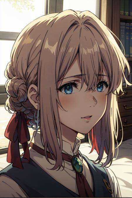 nature,  1girl,glasgow smile,portrait,<lora:Violet Evergarden京紫风格:1>,violet evergarden, 