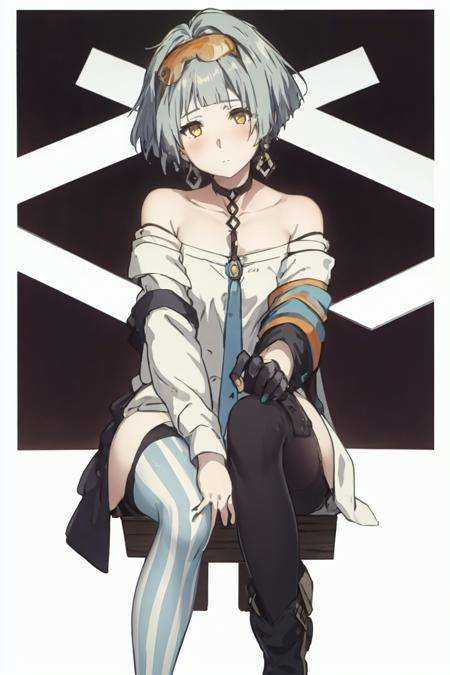 nature,  1girl,cowboy shot ,<lora:Violet Evergarden京紫风格:1> original outfit, 1girl, thighhighs, solo, bare shoulders, collarbone, squatting cowgirl position, looking at viewer, asymmetrical legwear, dress, closed mouth, striped thighhighs <lora:zasm21v2-000008:1>  