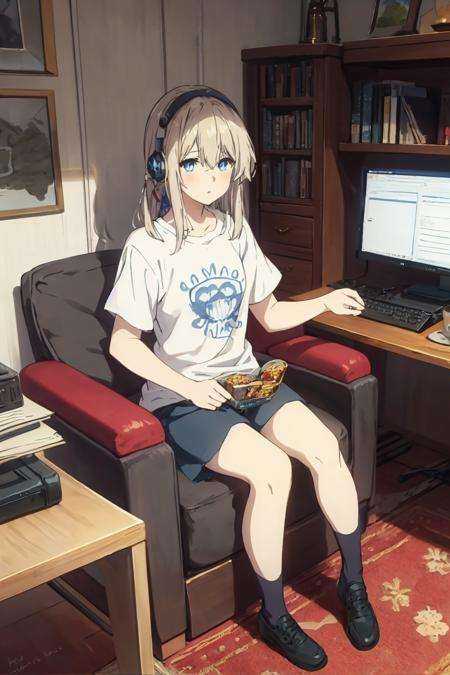 nature,  1girl,cowboy shot ,<lora:Violet Evergarden京紫风格:1> a girl,solo,full body,white hair,long hair,blue eyes,(beautiful detailed eyes:1.0),sitting on the sofa,indoors,monitor,computer,chassis,T-shirt,headphones,loose_socks,denim shorts,pleated skirt,holding,holding switch ,Playing games,Game screen,snacks,drinks,window,living room, 