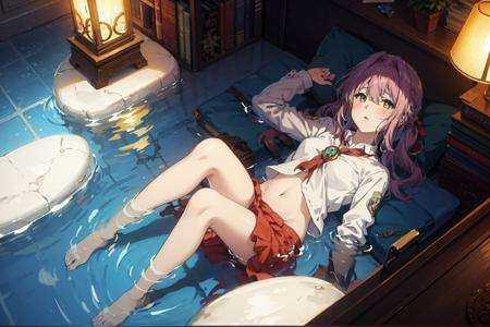 nature,  1girl,cowboy shot ,<lora:Violet Evergarden京紫风格:1> masterpiece, best quality, ((top view)),full body,ripples,,BREAK,star_(sky), starry_sky,pink hair, night, solo, 1girl, night_sky, sky, navel, partially_submerged, long_hair,bow, water, lying, detached_sleeves, skirt, on_back, reflection,shooting_star, afloat, midriff, ripples, ascot, space, wide_sleeves, frills, red_skirt, red_bow, yellow_neckwear,reflection, <lora:风格-LoconLoraOffsetNoise:1>