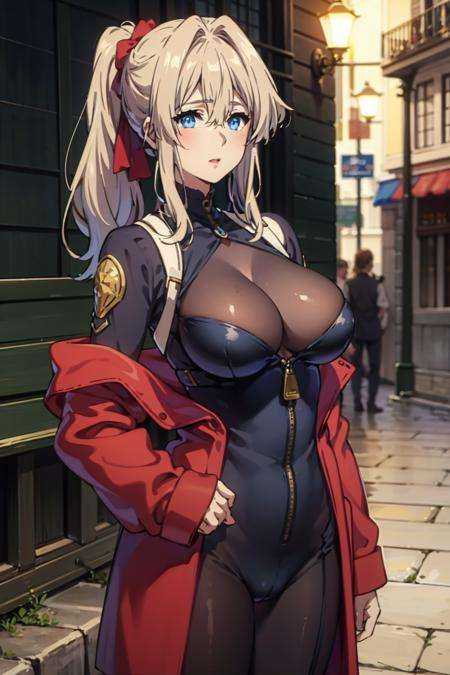 nature,  1girl,glasgow smile,cowboy shot ,<lora:Violet Evergarden京紫风格:1> 1girl,blonde hair,blue eyes,long hair,black bodysuit, open clothes, large breasts, front zipper,high ponytail, long_ponytail,cyberpunk,