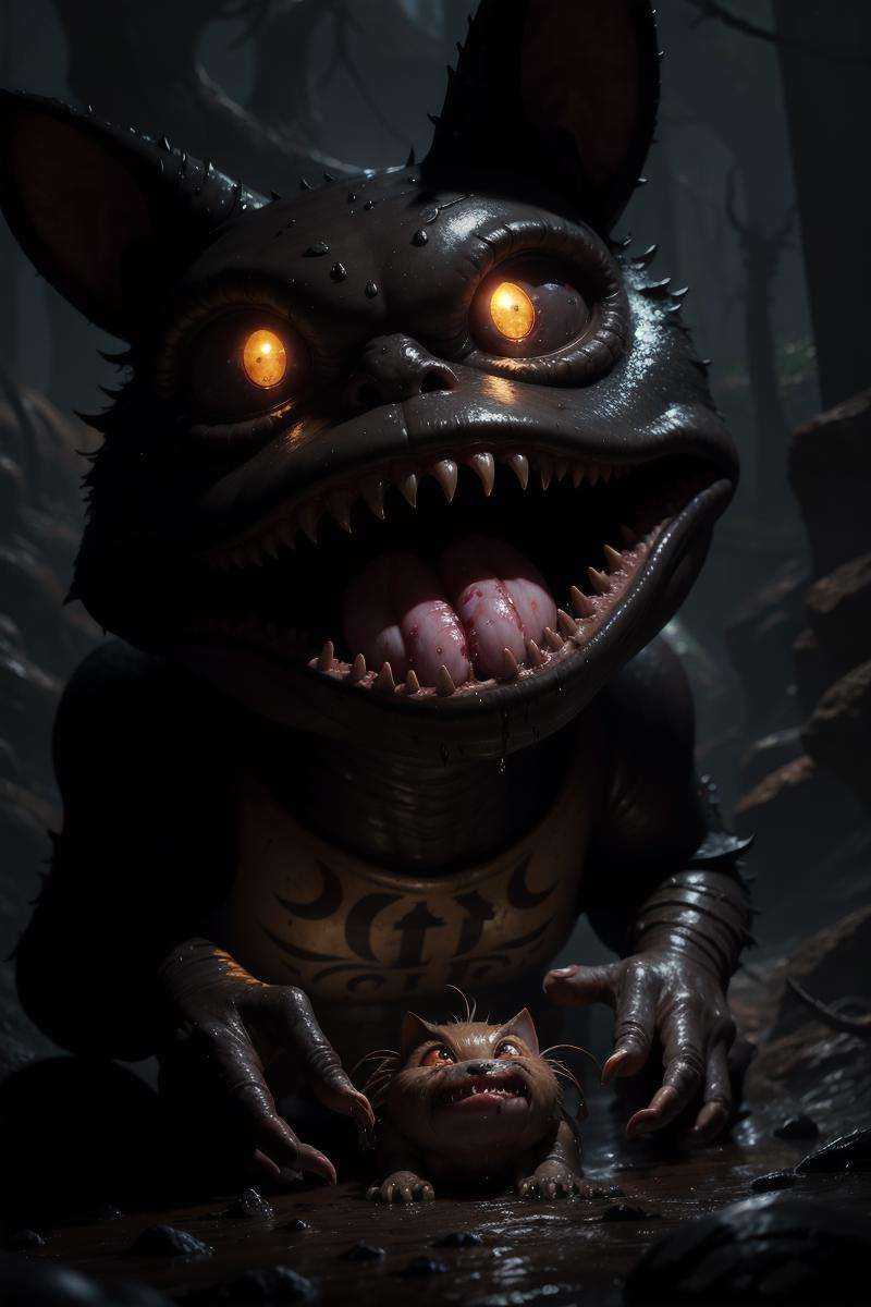 of a dark and muddy landscape with strange cute friendly creatures with huge eyes,  mouth,  long tongue and round teeth ap...