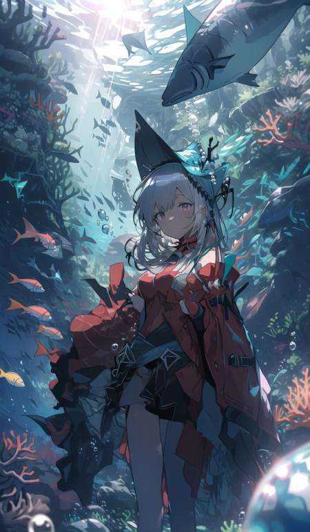 1girl, solo, fish, underwater,looking at viewer, bubble, bangs, coral, , sunlight, air bubble, ribbon <lora:waterlight-000007:1> <lora:AK-粥游-浊心斯卡蒂skadiCH(redhat,redskadi;whitehead,whiteskadi):1>redhat,redskadi