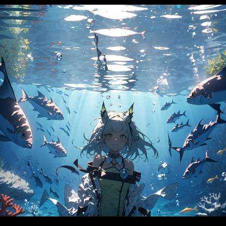 1girl, solo, fish, underwater,looking at viewer, bubble, bangs, coral, , sunlight, air bubble,  ribbon <lora:waterlight-000007:1> <lora:kaltist0-000006:1>