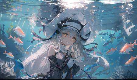 1girl, solo, fish, underwater,looking at viewer, bubble, bangs, coral, , sunlight, air bubble, ribbon <lora:waterlight-000007:1>  <lora:AK-粥游-异格幽灵鲨-specter[1girl]-暗影:1>