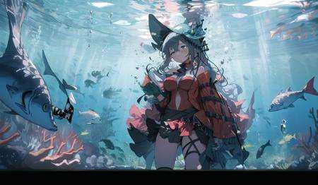 1girl, solo, fish, underwater,looking at viewer, bubble, bangs, coral, , sunlight, air bubble, ribbon <lora:waterlight-000007:1>   <lora:AK-粥游-浊心斯卡蒂skadiCH(redhat,redskadi;whitehead,whiteskadi):1>redhat,redskadi