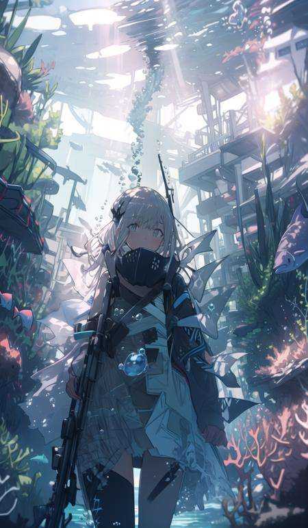 1girl, solo, fish, underwater,looking at viewer, bubble, bangs, coral, , sunlight, air bubble, ribbon <lora:waterlight-000007:1> AR15,BR15,CR15  <lora:GF-少前-AR15-MOD3-og:1>