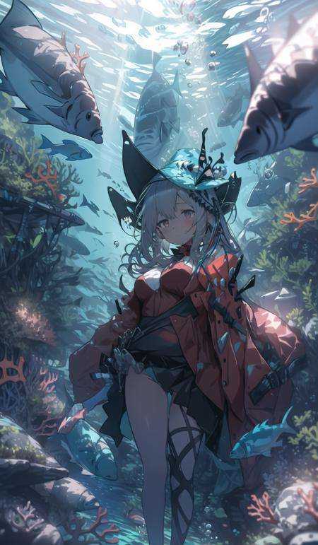 1girl, solo, fish, underwater,looking at viewer, bubble, bangs, coral, , sunlight, air bubble, ribbon <lora:waterlight-000007:1> <lora:AK-粥游-浊心斯卡蒂skadiCH(redhat,redskadi;whitehead,whiteskadi):1>redhat,redskadi