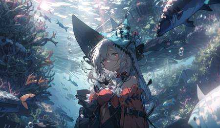 1girl, solo, fish, underwater,looking at viewer, bubble, bangs, coral, , sunlight, air bubble, ribbon <lora:waterlight-000007:1> <lora:AK-粥游-浊心斯卡蒂skadiCH(redhat,redskadi;whitehead,whiteskadi):1>redhat,redskadi