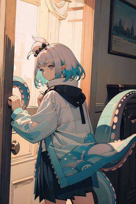(masterpiece,best quality, detailed), indoors, back turned, looking back,tentacles,origin, solo, skirt, 1girl, jacket, pleated skirt, tentacles, blue skirt,  long sleeves, shirt, closed mouth <lora:kirara-pynoise-OG-000009:1> <lora:画风-ligneart(cogecha焦茶)(权重可以稍大一些):1>