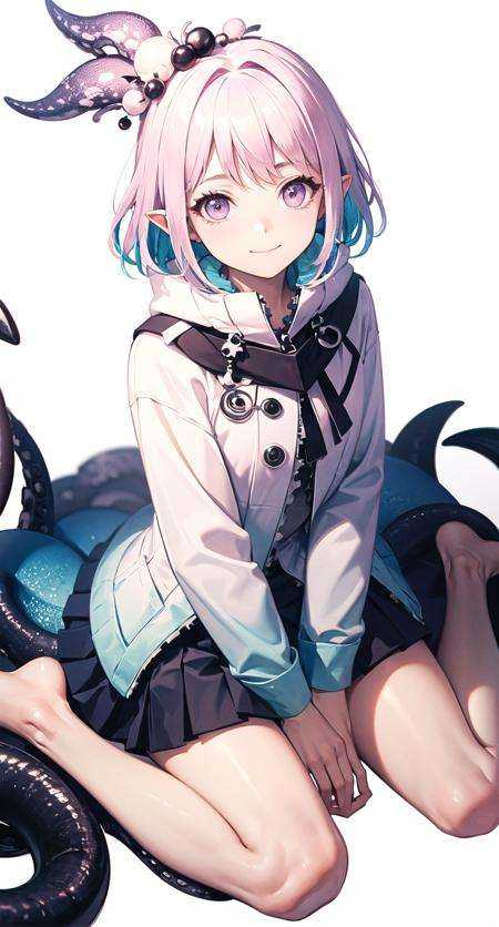 (masterpiece,best quality, detailed), indoors, looking at viewer, 1girl, solo, full body, from above, smile, sitting, wariza,origin, solo, skirt, 1girl, jacket, white background, pleated skirt, tentacles, blue skirt, simple background, long sleeves, shirt, closed mouth <lora:kirara-pynoise-OG-000009:1>