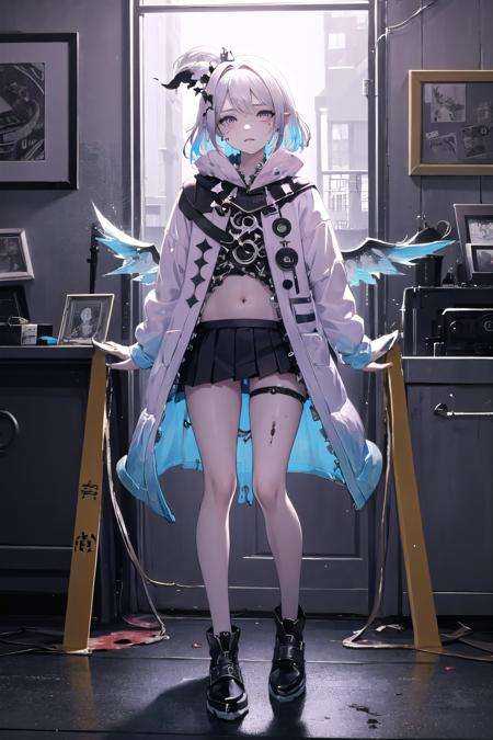 1girl,excellent lighting, sidelighting,(curvy:1.2),origin, solo, skirt, 1girl, jacket, pleated skirt, tentacles, blue skirt,  long sleeves, shirt, closed mouth <lora:kirara-pynoise-OG-000009:1> ,(Highest picture quality), (Master's work), (Detailed eye description), (8K wallpaper),(Detailed face description),(flat color:1.3),(magazine_cover:1.4),(multicolored_background:1.3),striped_background,card_background,mixed-language_text,dvd_cover,cover page,looking at viewer,full body, industrial_pipe,rust,(warning sign:1.2), (caution tape:1.3), (expressionless),midriff,beautiful detailed collarbone,((masterpiece)), (((best quality))),((beautiful detailed eyes)),(eyelash),1 girl,Shiny skin,oil,small breast,short hair,white hair,Dark eyes,Bloody Scar,Fallen Angel,Satan,Demon God,blood eyes,Bloody Body,extremely detailed CG unity 8k wallpaper,masterpiece, ((ultra-detailed)), ((illustration)),colorful,wallpaper,despair,Crying Dead,Rotten Corpses,Unknown terror,death,Pride,Wrath,Sloth,Greed,Envy,Gluttony,Lust,Wings of Six Fallen Angels,Unspeakable terror,black sun,black hole,Antireligious,cross,Do not touch,serious