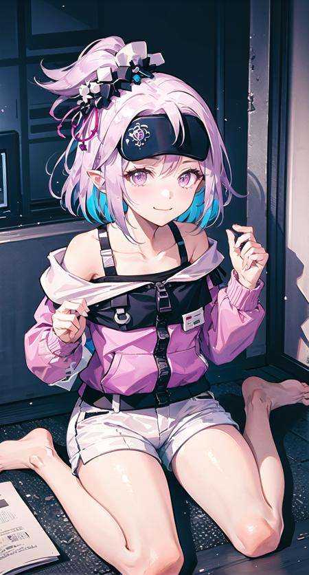 (masterpiece,best quality, detailed), indoors, looking at viewer, 1girl, solo, full body, from above, smile, sitting, wariza,headwear,trendersetting, white shorts, closed mouth,groping motion, <lora:kirarav2-pynoise-000013:1>
