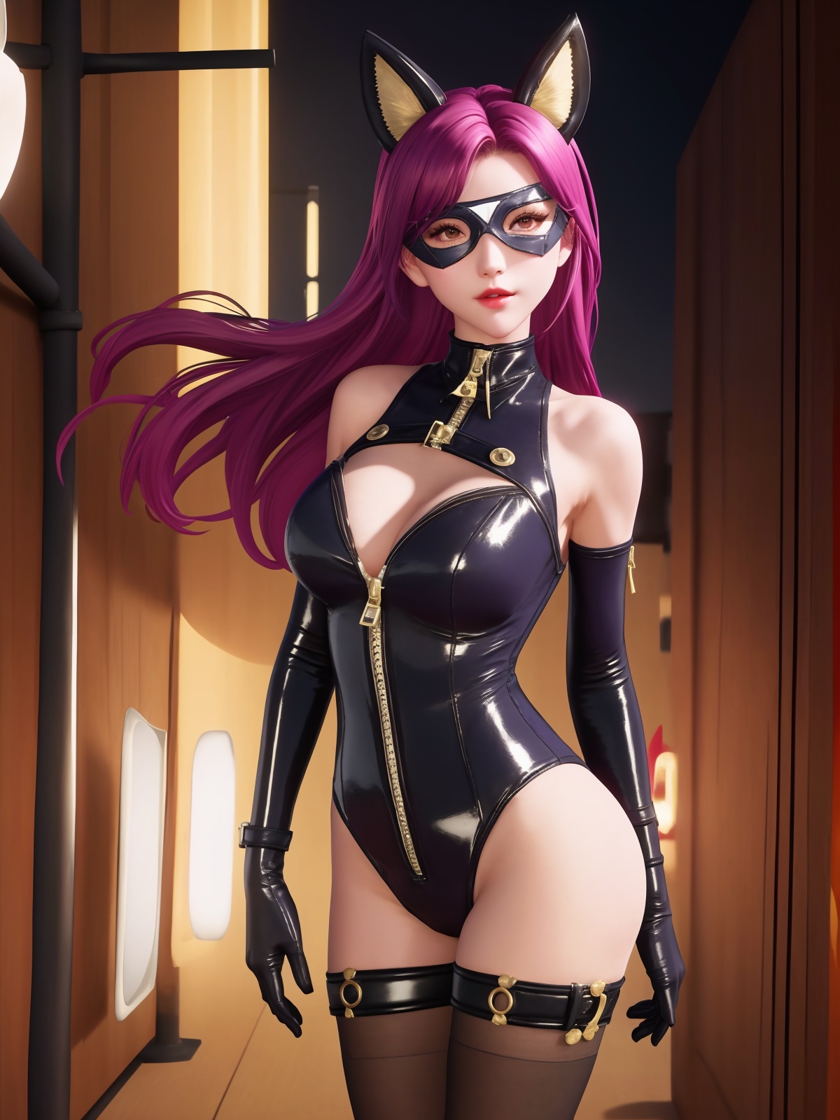 1girl,eye mask,zipper,cityscape,night,single leg pantyhose,fake animal ears,medium hair,looking at viewer, elbow gloves, latex, thigh strap, standing,mature female, leotard, ring,arms behind back,red purple hair, black bodysuit,   <lora:AKEan_20230718135911:0.75>
