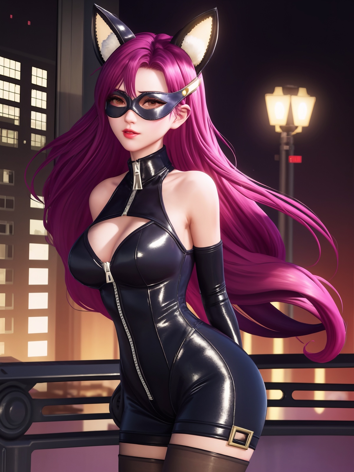 1girl,eye mask,zipper,cityscape,night,single leg pantyhose,fake animal ears,medium hair,looking at viewer, elbow gloves, latex, thigh strap, standing,mature female, leotard, ring,arms behind back,red purple hair, black bodysuit,   <lora:AKEan_20230718135911:0.75>