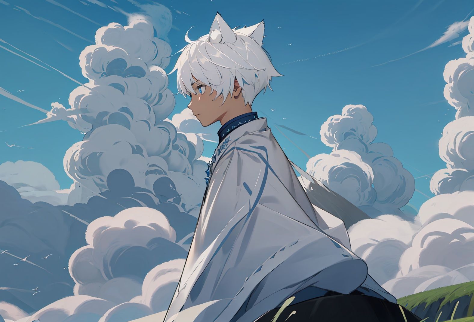 (((masterpiece))),(((best quality))),<lora:Sky_3.0-000008:0.7>,Sky：Children of the Light,Cloud Field,cloud,day,blue sky,grass,(profile:1.1),blue eyes,(approaching the camera:1.1),white hair,blue eyes,cloak,1boy,solo,looking towards the camera,character centered,cat ears,(full body close-up:0.9),