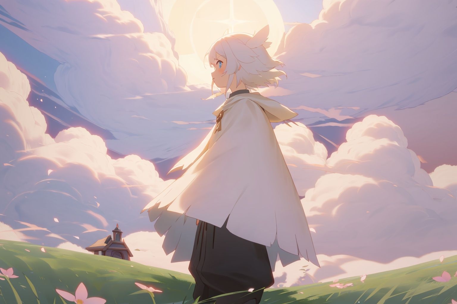 (((masterpiece))),(((best quality))),(anime:1.1),<lora:Sky_3.0-000008:0.7>,Sky：Children of the Light,Sunset Valley,(1girl:1.1),White Cloak,blue eyes,white hair,grass,cloud mass,flower,